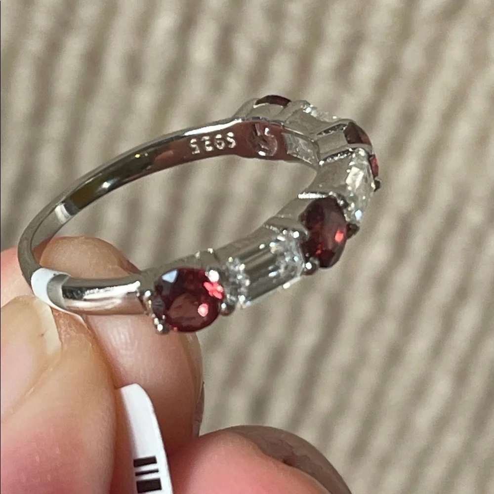 Natural Garnet & Moissanite Half Eternity Ring in 925 Sterling Silver Size 8